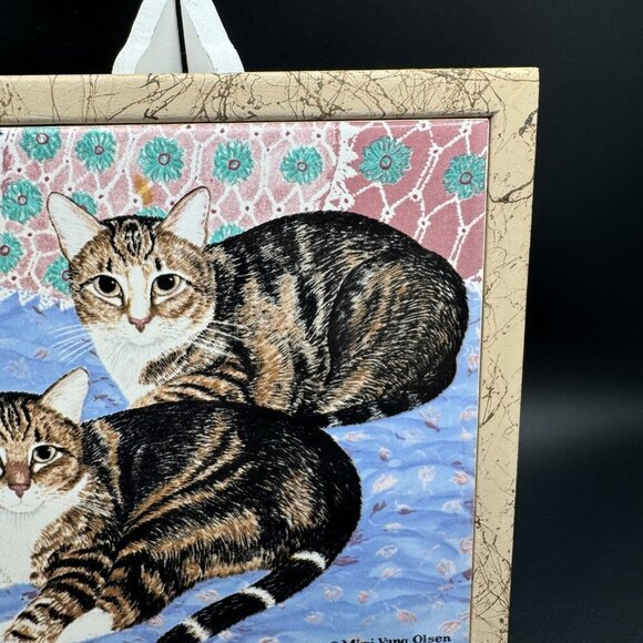 Vintage Mimi Vang Olsen Cats Tile Trivet Wall Plaque 7x7 Tile in Frame Avon - Picture 3 of 10